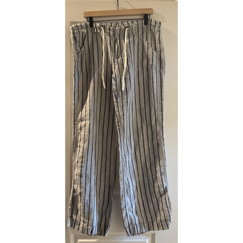 Elan 100% Linen Pants Large Blue White Striped Drawstring Wide Leg Coastal Boho